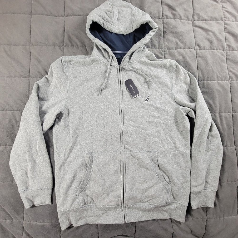 Nautica Mens Large Gray Full Zip Sweater Hooded Long Sleeve Warm Fleece